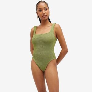 New Hunza G Swimsuit Metallic Moss Green Crinkle Stretchy Square Neck One Piece